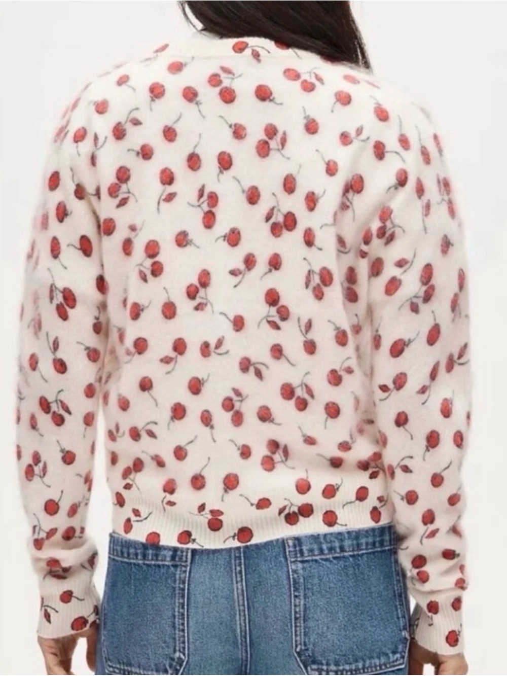 J. Crew Brushed Cashmere Cardigan Cherry Print Fuzzy - Picture 13 of 15